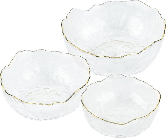 Serveerschalen met gouden randje - Schalenset in 3 maten - Ronde kommen voor salades, desserts, fruit en snacks - Schaaltjes van glas