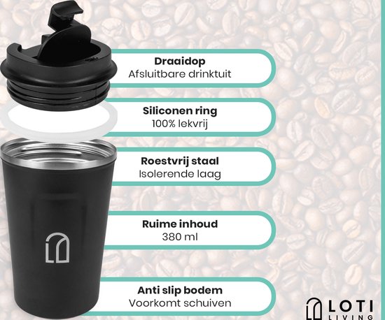 Loti Living Koffiebeker To Go – Thermosbeker - Koffiebeker onderweg – Theebeker – Travel mug - 380ml – Zwart