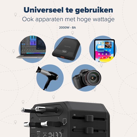 TRVLMORE Wereldstekker Universeel - Reisstekker - USB C en USB A - 150+ Landen - Engeland (UK), Amerika (USA), Azië, Australië, Afrika, Europa - Thailand, Italië, Canada, India, Mexico, Curaçao, Japan - Type A, B, C, E, F, G, I, J, L, N