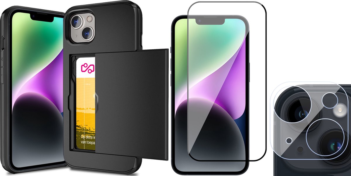 Hoesje met Pasjeshouder geschikt voor iPhone 13 Mini - Screenprotector FullGuard & Camera Lens Screen Protector - Back Cover SlideCase Zwart