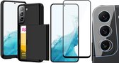 Hoesje met Pasjeshouder geschikt voor Samsung Galaxy S22 Plus - Screenprotector FullGuard & Camera Lens Screen Protector - Back Cover SlideCase Zwart