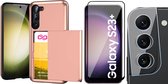 Coque Samsung Galaxy S23 Plus avec porte-cartes - Protecteur d'écran FullGuard et protecteur d'écran pour objectif d'appareil photo - Coque arrière SlideCase Or rose