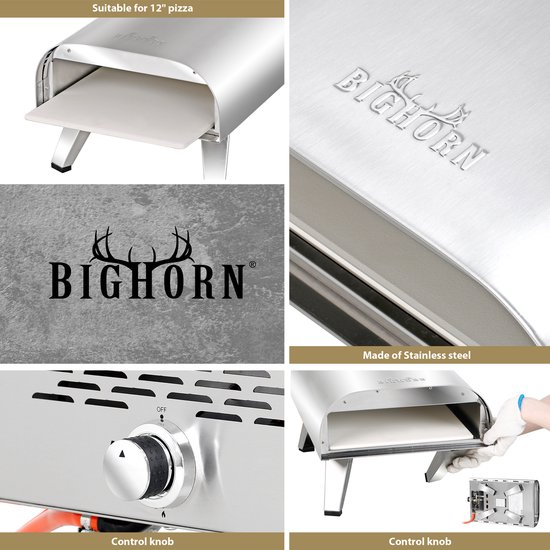 BIGHORN Gas Pizzaoven voor Buiten - Pizza Gourmet - Barbecue - Edelstaal - 30.5cm pizzasteen -temperatuurweergave tot 460 ° C - met Gasdrukregelaarset 50 mbar & Slang 50 cm - met Draagtas van BIGHORN — afbeelding 2