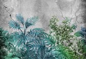 Fotobehang - Vlies Behang - Planten en Bladeren op Betonnen Muur - 368 x 254 cm