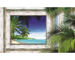 Fotobehang - Vlies Behang - 3D Tropisch Uitzicht op de Palmbomen, Strand en Zee door het Houten Raam - 208 x 146 cm