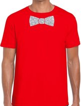 Rood fun t-shirt met vlinderdas in glitter zilver heren - shirt met strikje M