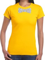 Geel fun t-shirt met vlinderdas in glitter zilver dames M