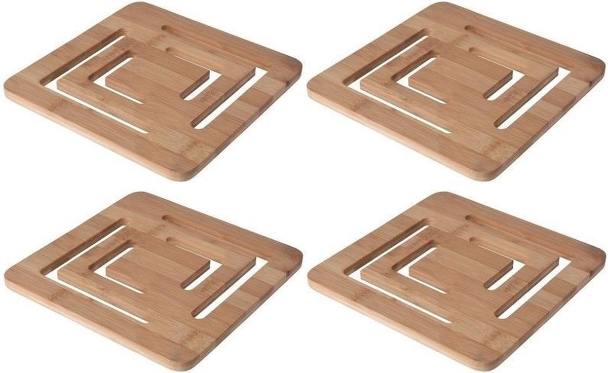4x Vierkante open pannen onderzetter bamboe 20 cm - Onderzetters voor pannen  | bol.com