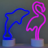 LED dolfijn en flamingo met neonlicht - Set van 2 stuks - blauw en roze neon licht - Op batterijen en USB - hoogte dolfijn 26.5 x 17 x 8.5 cm - hoogte flamingo 29.5 x 14.5 x 8.5 cm - Tafellamp - Nachtlamp - Decoratieve verlichting - Woonaccessoires