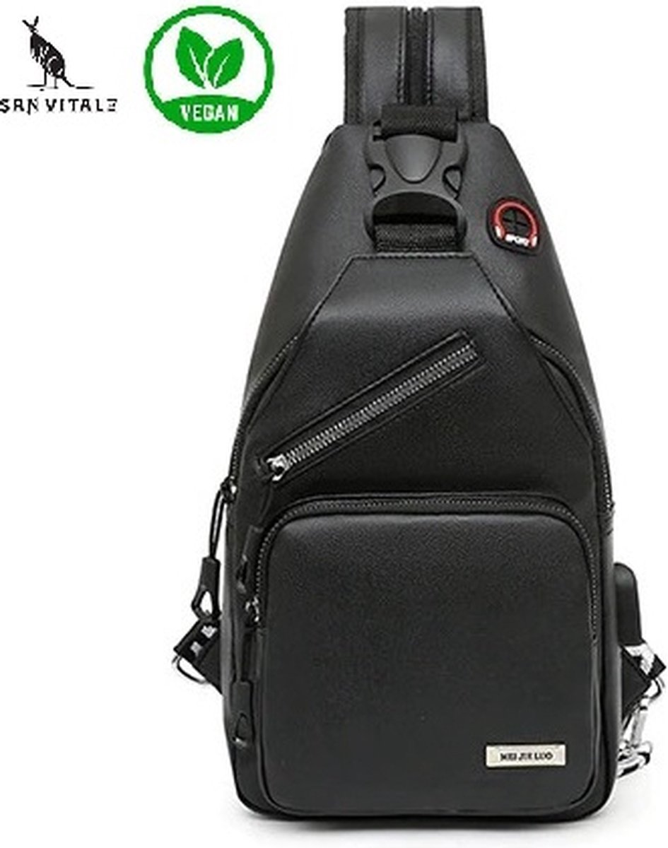 San Vitale® - Handige kleine Compacte Vegan Leren Slingbag - SBag - Schoudertas - Rugzak - Crossbody bag - Zwart