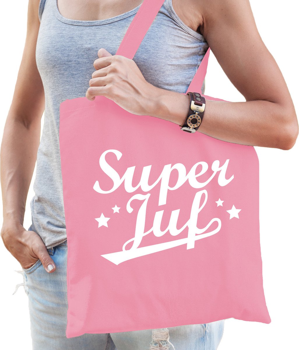 Bellatio Decorations cadeau tas voor juf - super juf - roze - katoen - 42 x 38 cm - juffendag