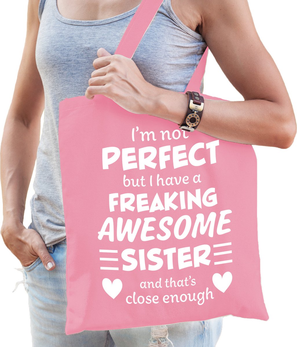 Bellatio Decorations cadeau tas voor zus - roze - katoen - 42 x 38 cm - awesome sister