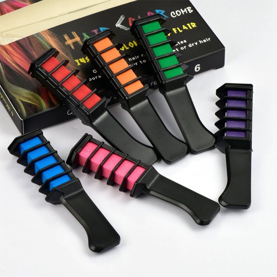 Foto: Joya kids haarkrijt voor kinderen haarmascara hair chalk haar krijt kam haarstift haarverf geschikt voor kinderfeestjes set van 6 kammen in paars groen blauw roze oranje rood