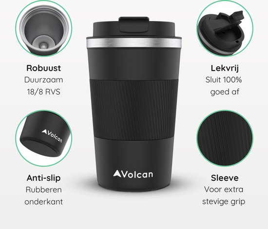 Zwarte Volcan mok met informatie over de lekvrije deksel, sleeve en robuuste 18/8 RVS binnenkant.