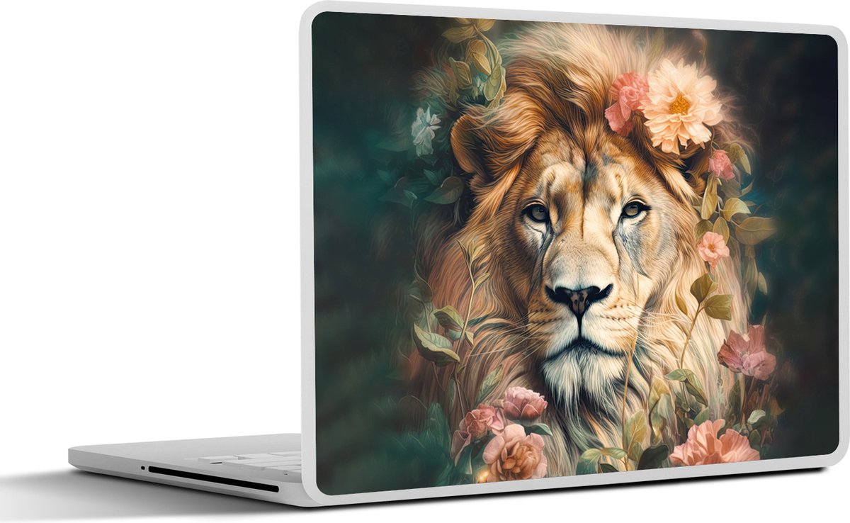 Laptop sticker - 10.1 inch - Leeuw - Leeuwenkop - Wilde dieren - Bloemen - 25x18cm - Laptopstickers - Laptop skin - Cover