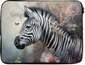 Laptophoes 17 inch - Zebra - Wilde dieren - Vlinder - Bloemen - Laptop sleeve - Binnenmaat 42,5x30 cm - Zwarte achterkant