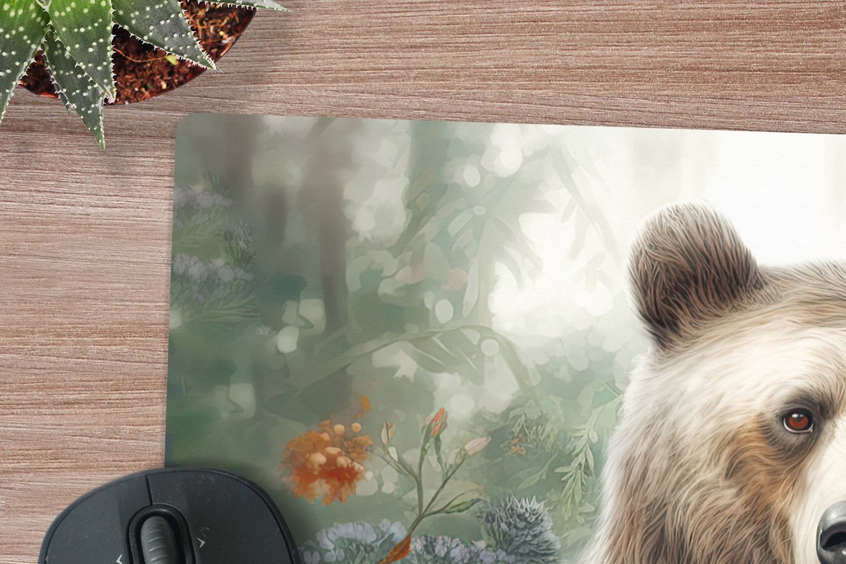 Muismat XXL 80x60 cm - Bureau onderlegger - Bureau mat Bruine beer - Wilde dieren - Bloemen - Planten - Bureaumat - Gaming mousepad xl - Bureaulegger groot - Computer deskmat