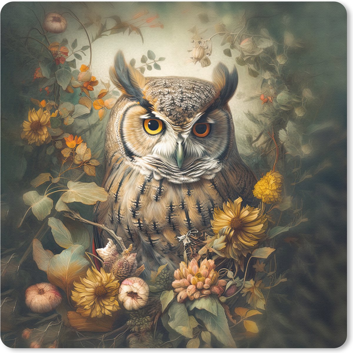Muismat 20x20 cm - Mousepad Uil - Vogels - Bloemen - Natuur - Muismatten