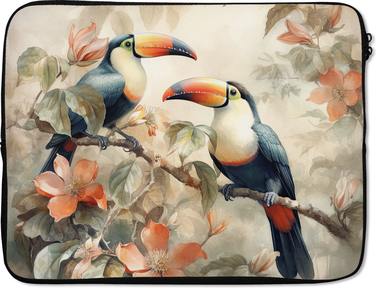 Laptophoes 15.6 inch - Toekan - Vogels - Bloemen - Tak - Laptop sleeve - Binnenmaat 37x26 cm - Zwarte achterkant