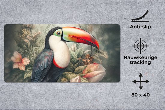 Tapis de souris XXL - Sous-main - Sous-main - Toucan - Vogels - Fleurs - Plantes - Tropical - 80x40 cm - Tapis de souris XXL