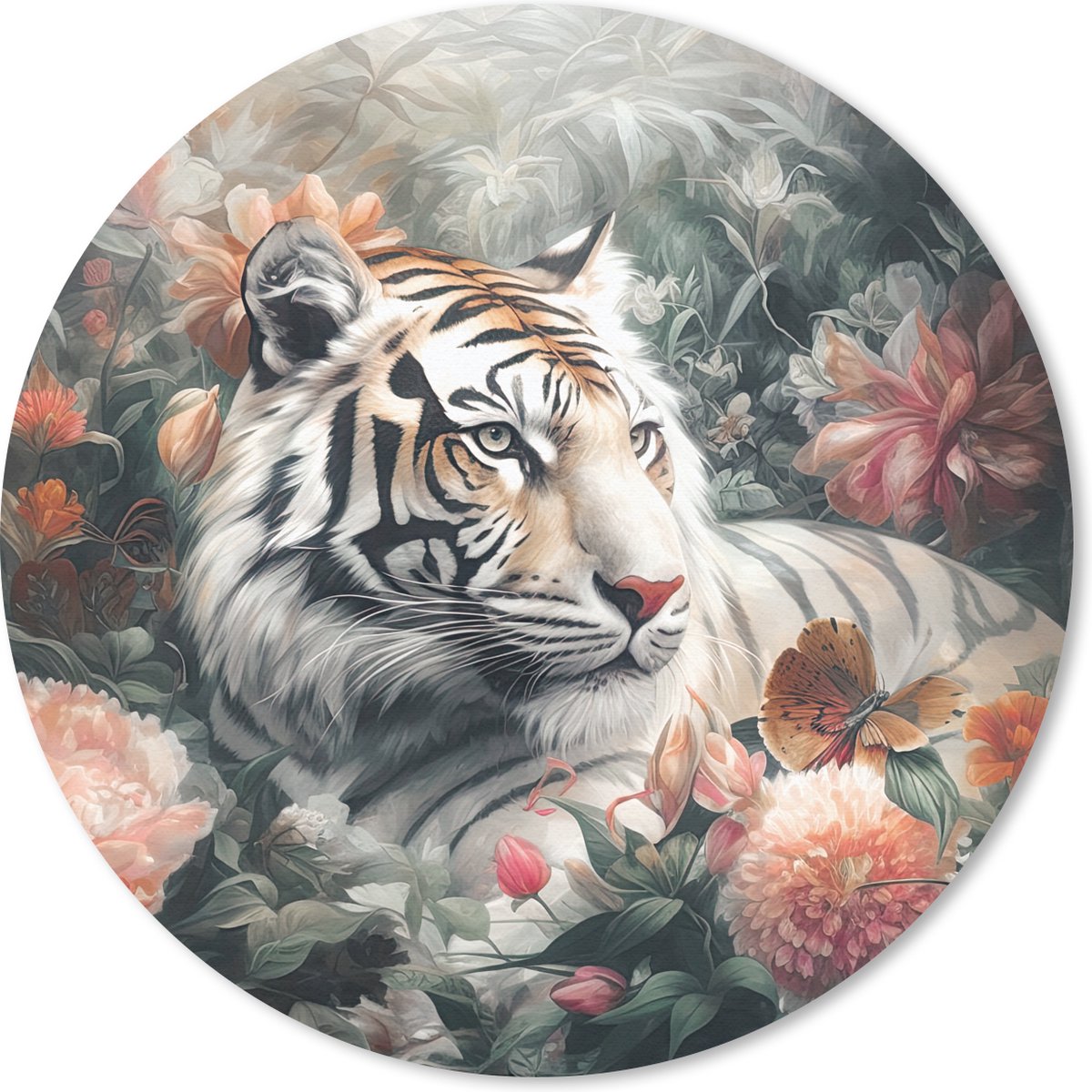 Muismat rond 40x40 cm - Mousepad Tijger - Wilde dieren - Bloemen - Jungle - Ronde muismatten