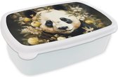 Broodtrommel Wit - Lunchbox - Brooddoos - Panda - Pandabeer - Wilde dieren - Natuur - Bloemen - 18x12x6 cm - Volwassenen