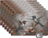 Placemat - Placemats kunststof - Kolibrie - Vogels - Bloemen - Planten - 45x30 cm - 6 stuks - Hittebestendig - Anti-Slip - Onderlegger - Afneembaar