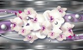 Fotobehang - Vlies Behang - Orchideeën op Zilveren Patroon - 254 x 184 cm