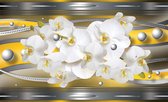 Fotobehang - Vlies Behang - Orchideeën op Zilveren en Oranje Patroon - 312 x 219 cm