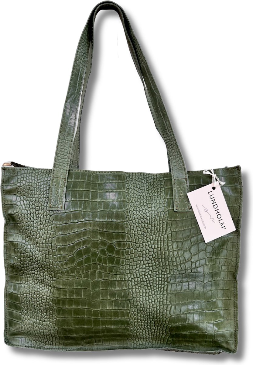 Lundholm leren shopper dames schoudertas dames olijf groen kroko design - vrouwen cadeautjes tip - tassen dames schoudertas | Scandinavisch design - Öland serie