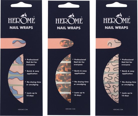 Herome Nail Wraps 3-Pack: Popular Patterns - 3 x 20 stickers - Incl. Top Coat 4ml.