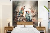 Behang - Fotobehang Papegaaien - Vogels - Natuur - Bloemen - Breedte 160 cm x hoogte 220 cm