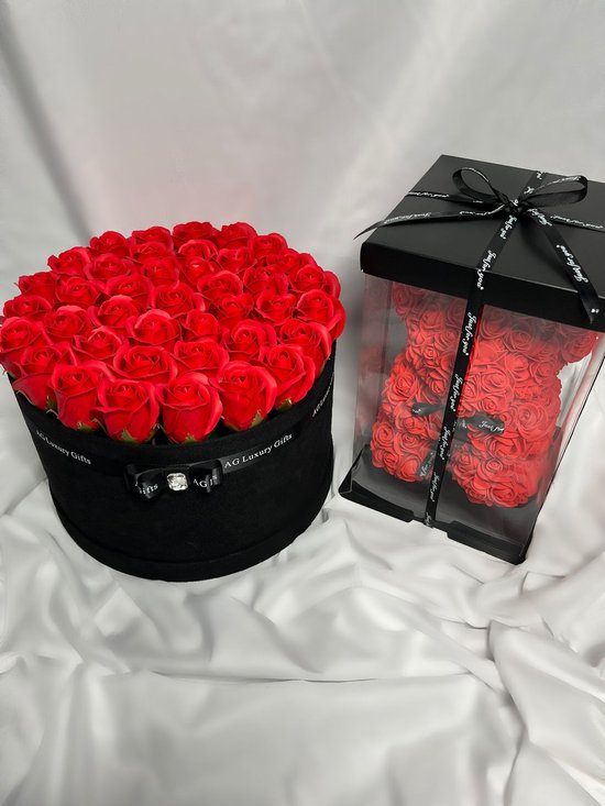 AG Luxurygifts cadeau set - flower box - rozen box - rozen beer - velvet - soap roses - Valentijnsdag - cadeau - set - Moederdag