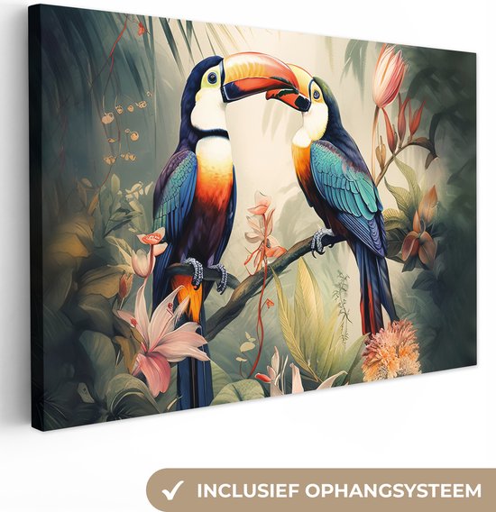 Tableau sur toile Toucan - Vogels - Fleurs - Nature - Jungle - 140x90 cm - Décoration murale