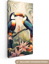 Canvas Schilderij Toekan - Vogels - Bloemen - Natuur - Jungle - 40x80 cm - Wanddecoratie