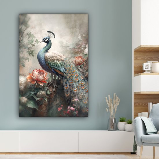 Canvas schilderij 80x120 cm - Pauw vogel - Kamer decoratie accessoires jungle - Schilderijen woonkamer bloemen - Wanddecoratie vogels slaapkamer - Muurdecoratie keuken - Wanddoek interieur binnen - Woondecoratie huis