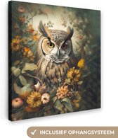 Canvas Schilderij Uil - Vogels - Bloemen - Natuur - 90x90 cm - Wanddecoratie