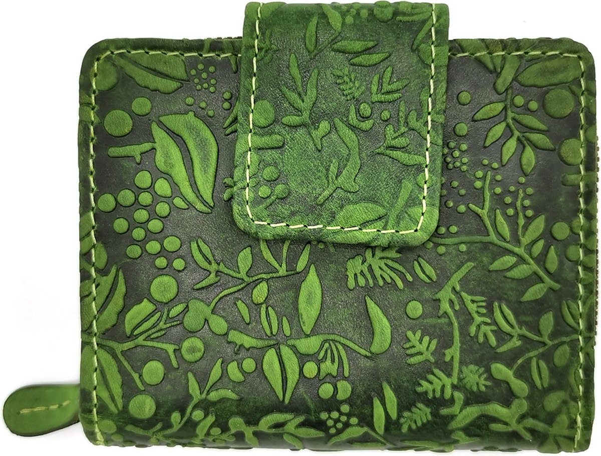 HillBurry Portemonnee met Bloemen Reliëf Groen - kwaliteitsleer - mooi en praktisch - veel vakjes - RFID - (bxhxd) ca. 10cm x 8,5cm x 2,5cm