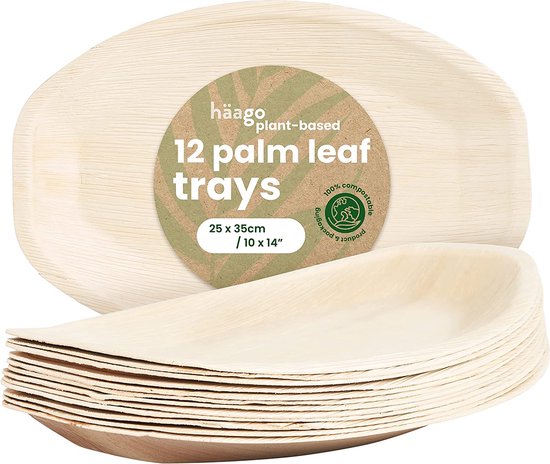 HAAGO 12 Palmblad Dienbladen/Schaaltjes (25x35cm) Biologisch afbreekbaar - Milieuvriendelijk voor Bruiloft, Picknicks & BBQ - Magnetronbestendig