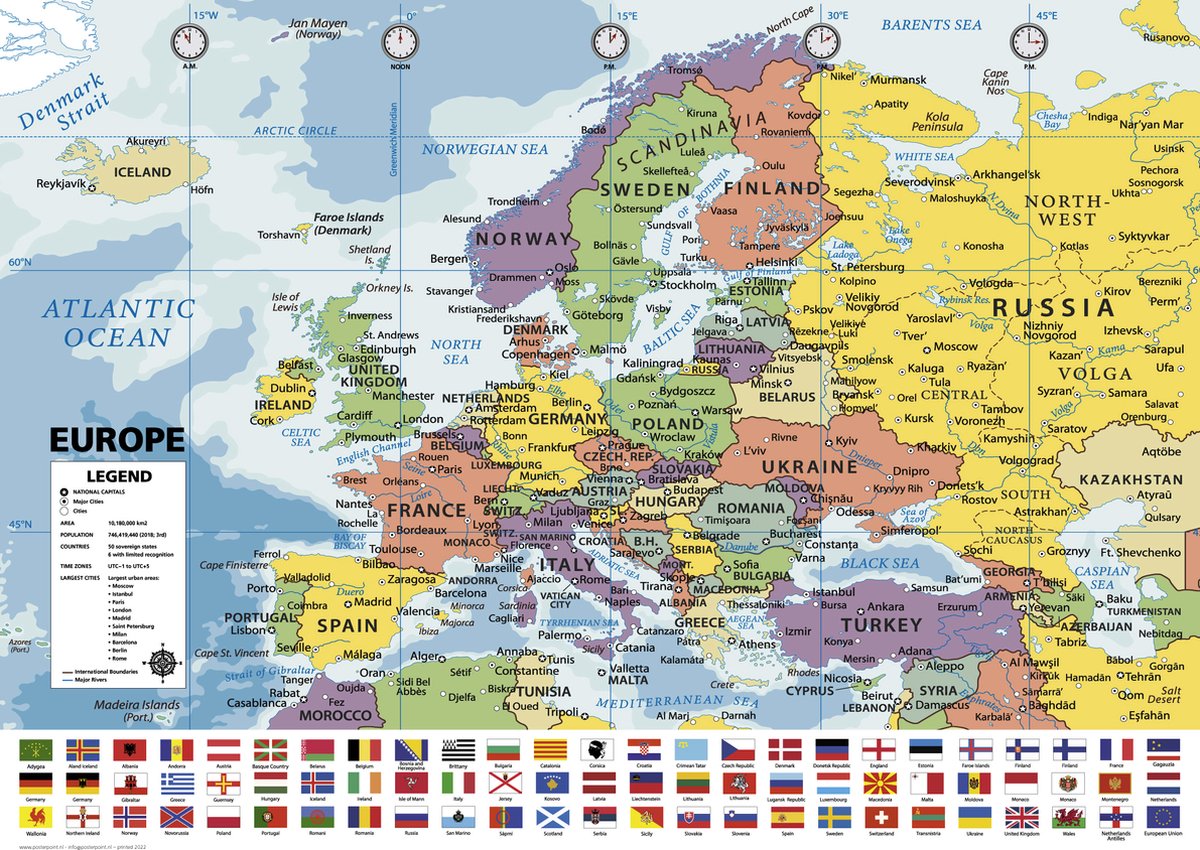 Europa kaart - poster - UV Lak - stevig papier - vlaggen - Educatief - wanddecoratie - Engels - 70 x 100 cm
