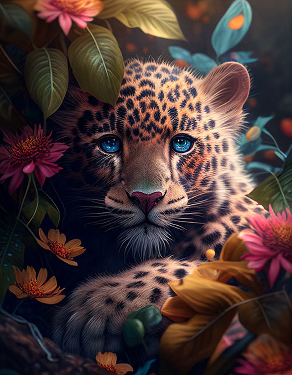AI - Woondecoratie - Poster - Dieren - Tijger - Bloemen en jungle - 52- 60 x 80 cm