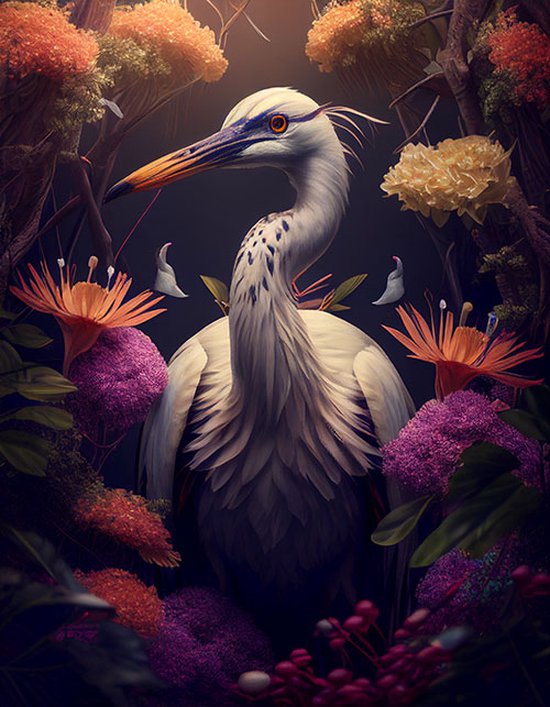 AI - Woondecoratie - Poster - Dieren - Kraanvogel - Bloemen en jungle - 46 - 80 x 120 cm