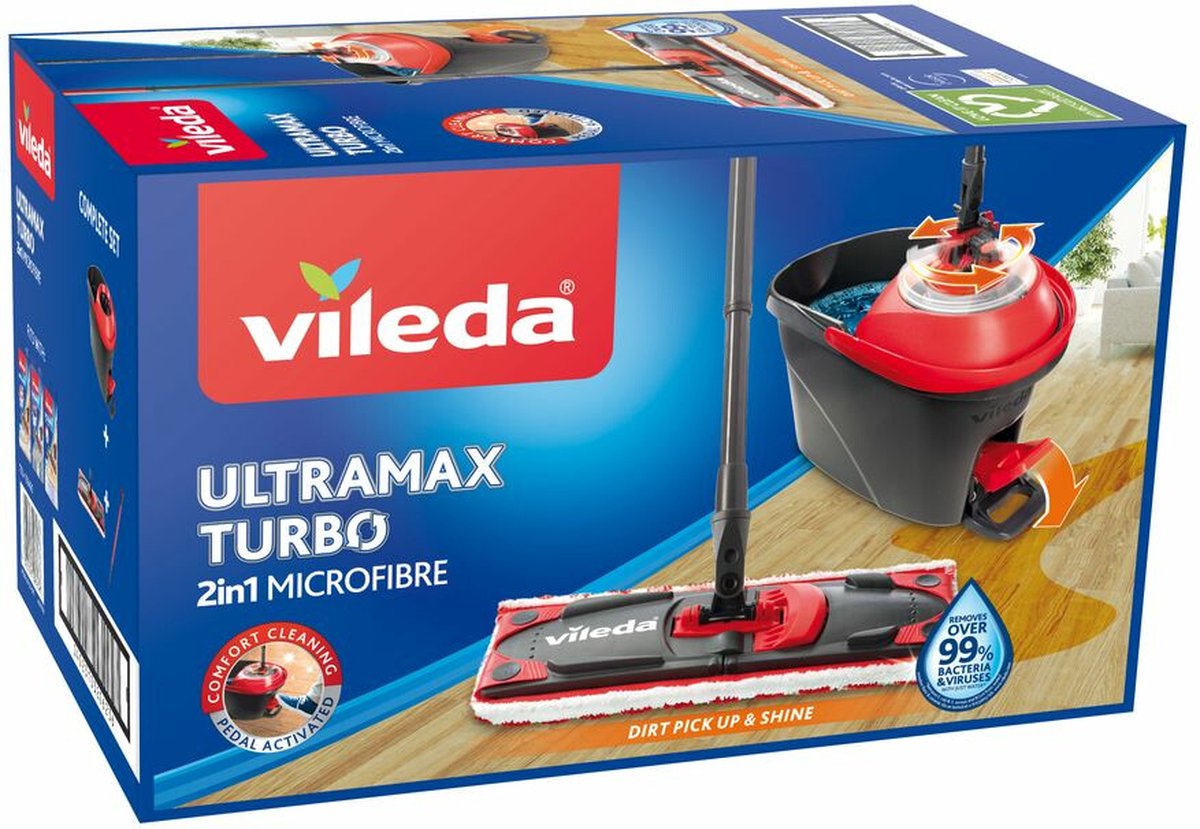 Vileda TURBO Pack Special avec 1 recharge supplémentaire - Balai serpillère  en microfibres & Recharge Turbo 2en1, microfibres rouges et blanches 