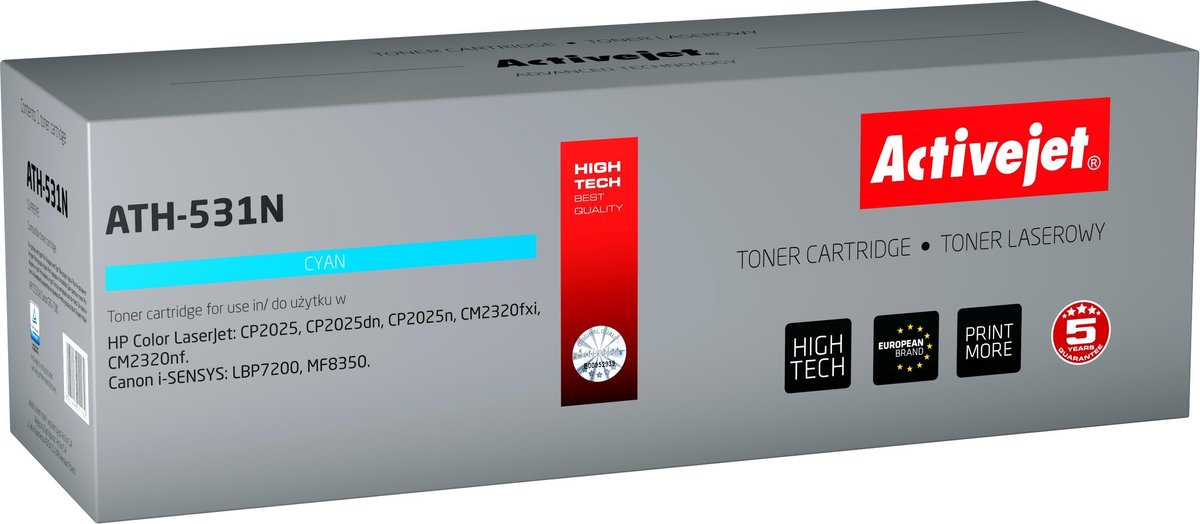 ActiveJet AT-531N toner voor HP-printer; HP 304A CC531A, Canon CRG-718C vervanging; Opperste; 3200 pagina's; cyaan.