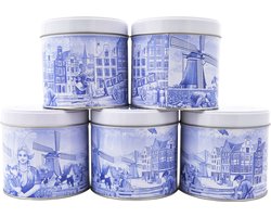 Stroopwafels in Delfts blauw blik - Doos met 5 blikken - 250 gram per blik - 8 stroopwafels per blik (40 koeken) Stroopwafels in Delfts blauw blik - Doos met 5 blikken - 250 gram per blik - 8 stroopwafels per blik (40 koeken)