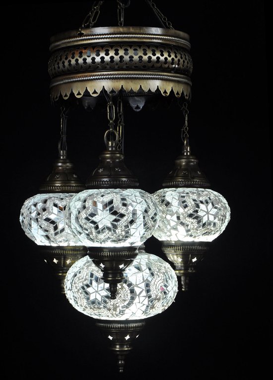 Lampe suspendue - blanc - verre - mosaïque - lampe turque - lampe orientale - lustre - 4 boules.