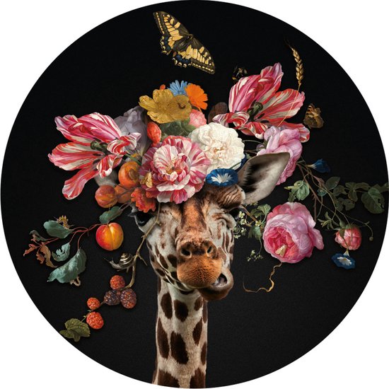 Giraffe met bloemen en vlinders muursticker 130 cm - Muurcirkel / Behangcirkel - Muurdecoratie