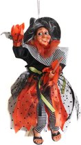 Halloween horror decoratie heksen pop op bezem - 25 cm - zwart/oranje - Versiering/feestartikelen