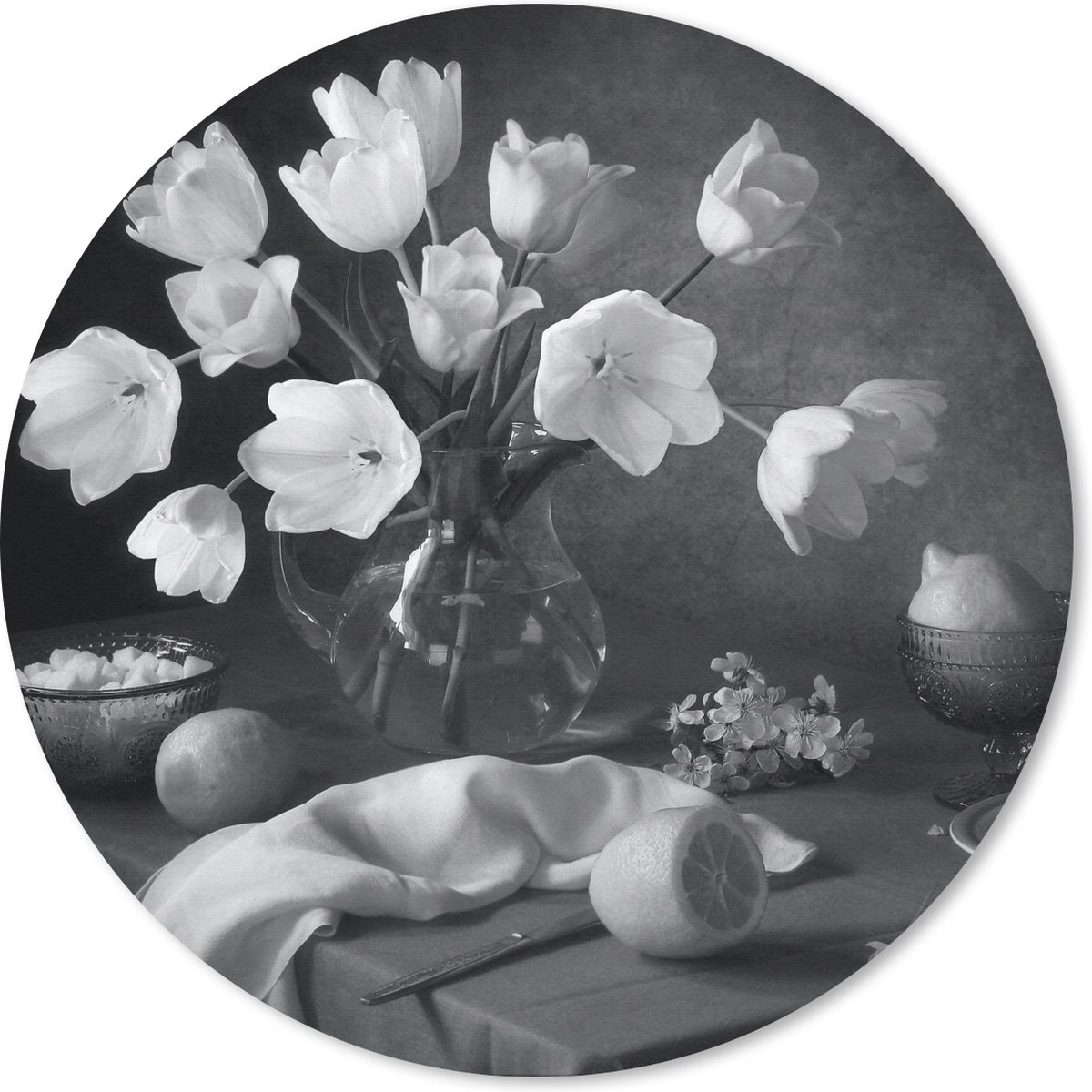 Muismat rond 30x30 cm - Mousepad Stilleven - Bloemen - Zwart - Wit - Ronde muismatten