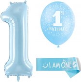 8-delige First Birthday ballonnen met sjerp set roze en wit - cakesmash - 1e - eerste - verjaardag - ballon - sjerp - one